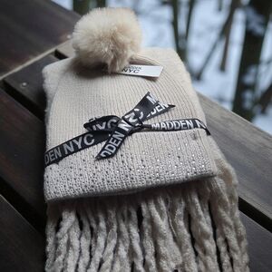 Madden NYC Women’s Beanie & Scarf Set – Ivory Knit with Rhinestone Detail